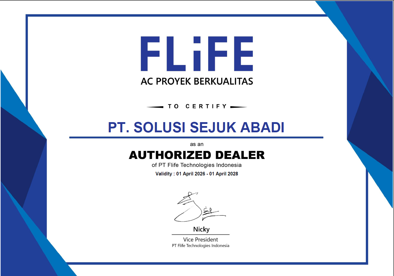 FLiFE Authorized Dealer Certificate